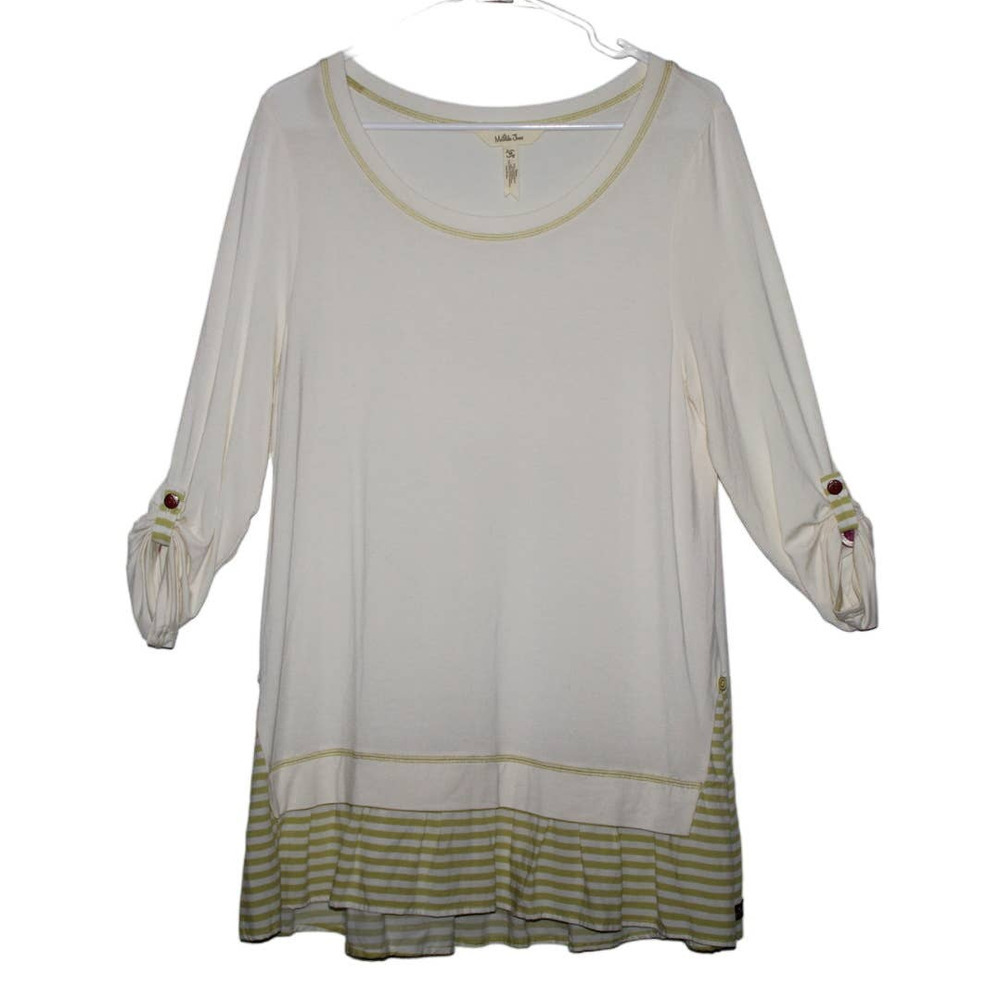 Women's Matilda Jane Cream Green Striped Pull Over 3/4 Sleeve Top Size Medium M